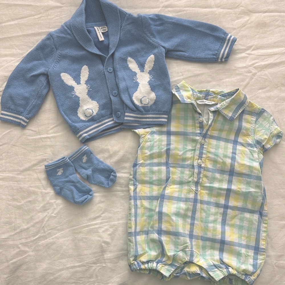 Janie and Jack Blue Bunny Cardigan with Pastel Plaid Romper Set